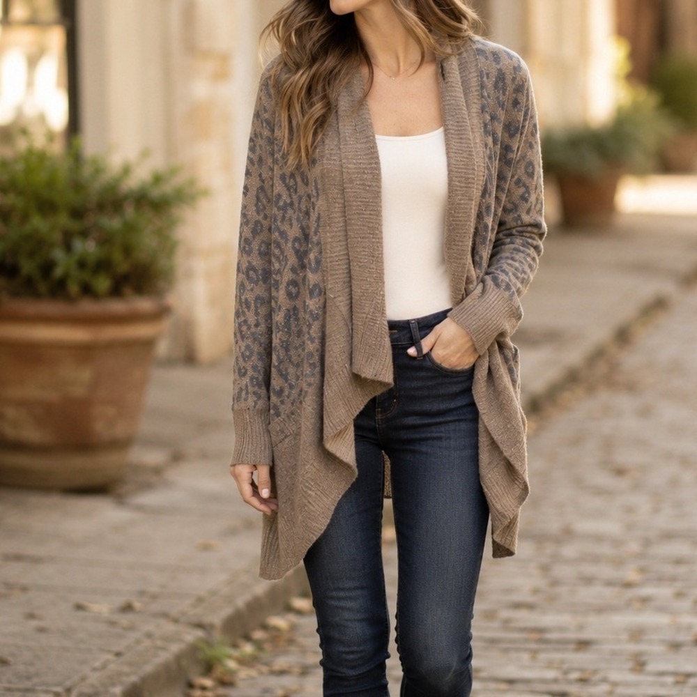 Daytrip Womens Brown Leopard Print Open Front Draped‎ Cardigan Sweater Medium